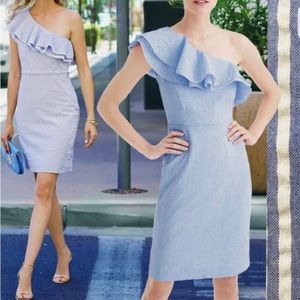J. Crew Seersucker Blue Striped One Shoulder Midi Dress 2